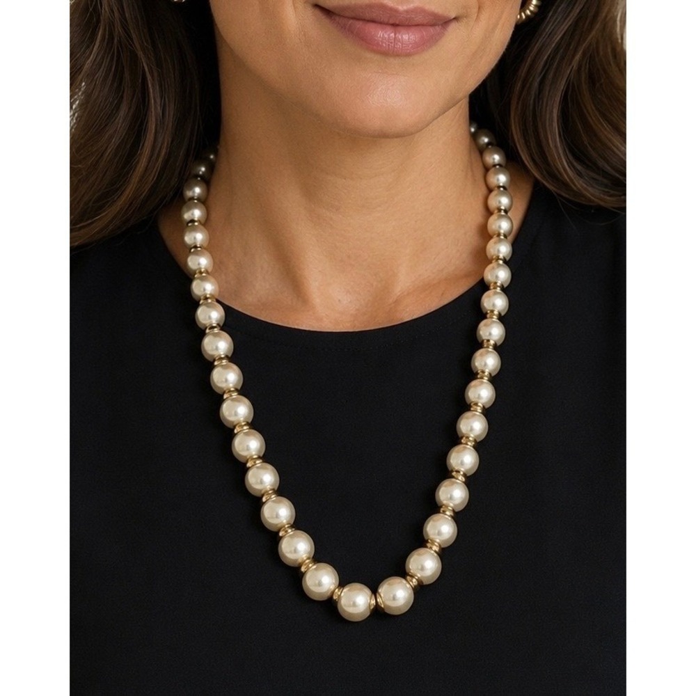 Coldwater Creek Faux Pearl Gold Tone Spacer Bead Knotted Necklace Adjustable